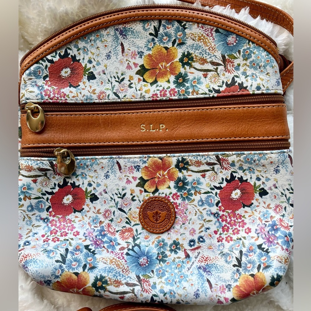 Vibrant Floral leather crossbody. Purchased in Florence Italy. 8.75”x 8.25 - Picture 2 of 5